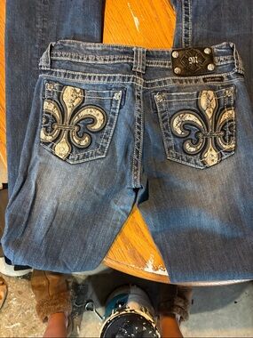 Miss Me Dark Blue Fleur de Lis Embroidered Bootcut Jeans